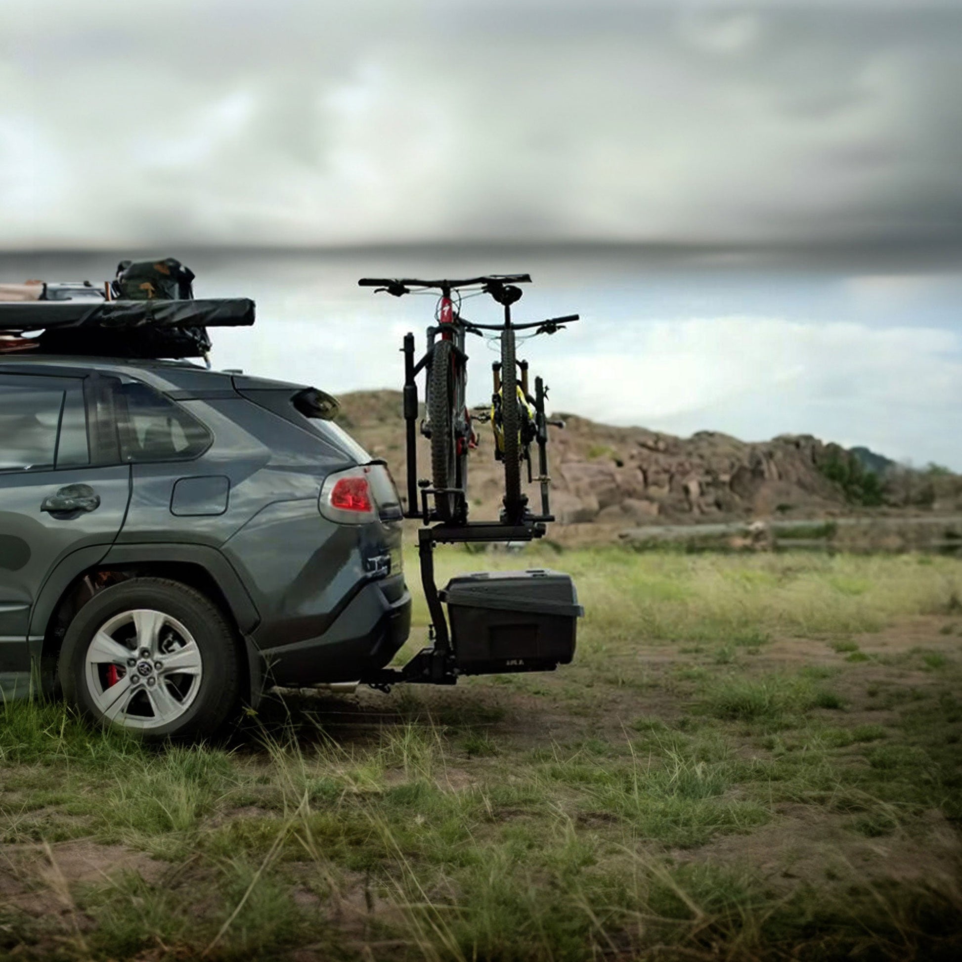 Yakima EXO SwingBase Hitch Base Rack with GearLocker Cargo Box and TopShelf Rack - Find Fresh Goods