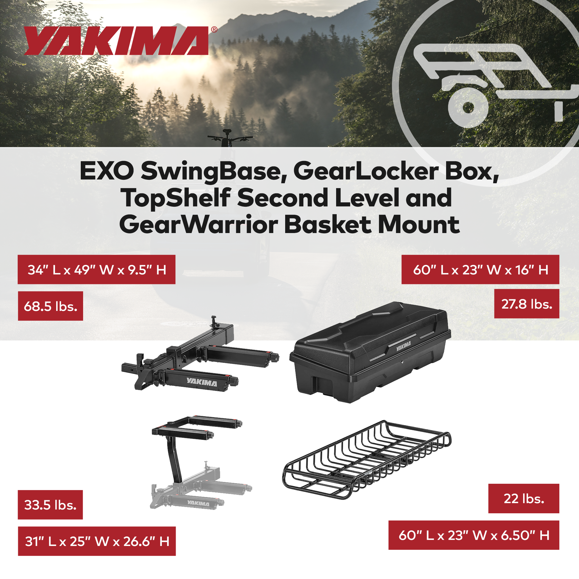 Yakima EXO SwingBase, GearLocker Box, TopShelf Rack and GearWarrior Basket Mount - Find Fresh Goods