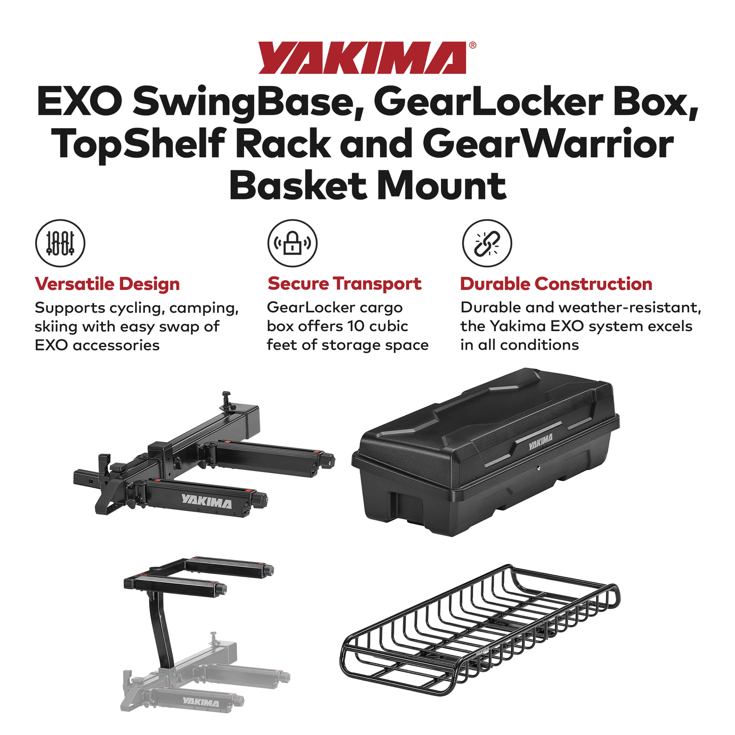 Yakima EXO SwingBase, GearLocker Box, TopShelf Rack and GearWarrior Basket Mount - Find Fresh Goods