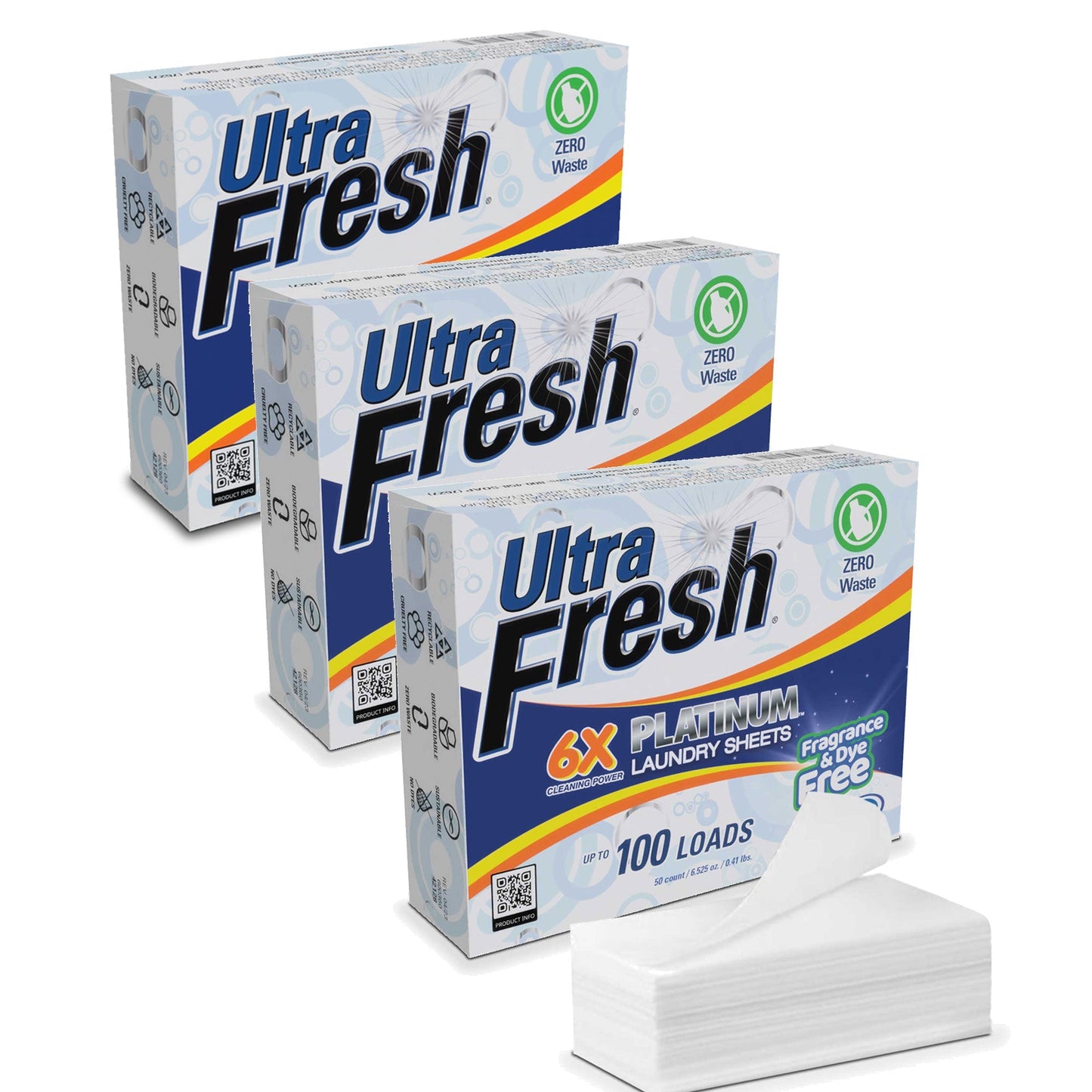 Ultra Fresh Platinum 6X Laundry Detergent Sheets, Fragrance & Dye Free, 3 Pack