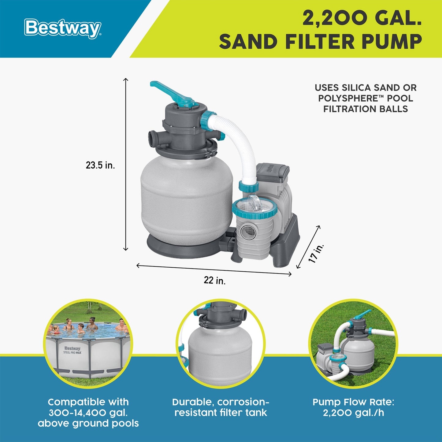 Bestway 2,200 Gallon Sand Filter Pump for Above Ground Outdoor Swimming Pools