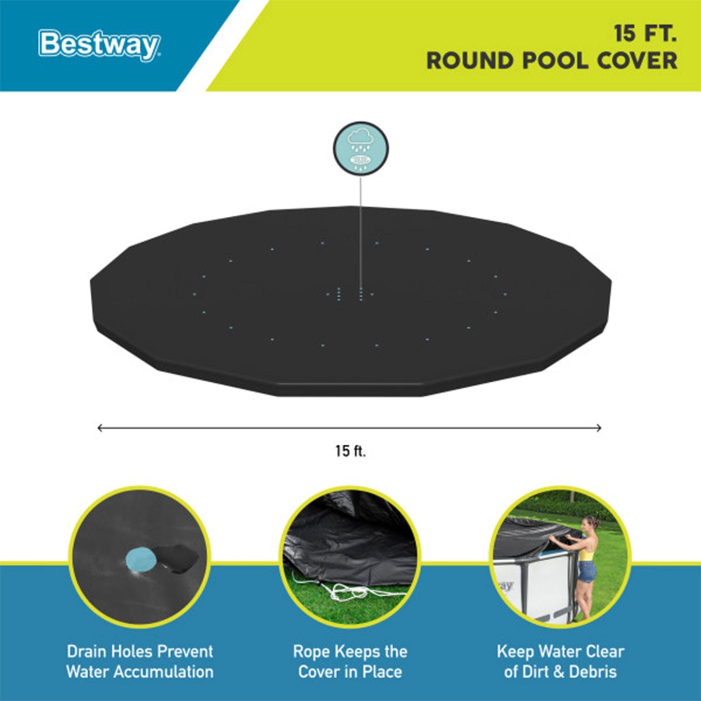 Bestway Round Pool Cover for 15 Foot Above Ground Pools, Black (Cover Only)