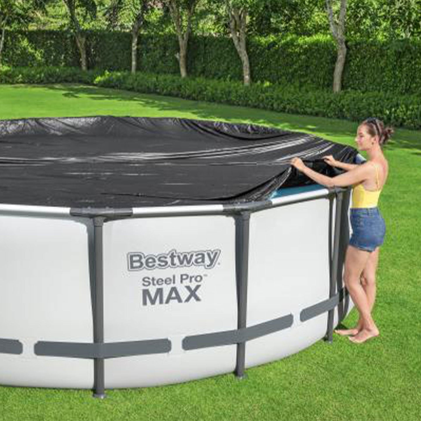 Bestway Round Pool Cover for 15 Foot Above Ground Pools, Black (Cover Only)