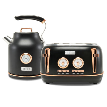 Haden Dorset Electric Water Kettle & 4 Slice Wide Slot Toaster, Black & Copper