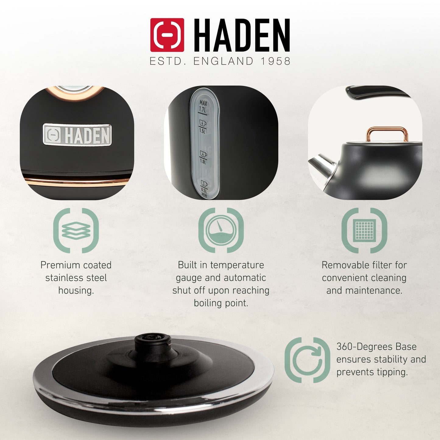 Haden Dorset Electric Water Kettle & 4 Slice Wide Slot Toaster, Black & Copper