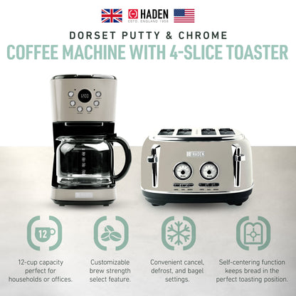 Haden Dorset 12 Cup Coffee Maker & 4 Slice Wide Slot Toaster, Putty & Chrome