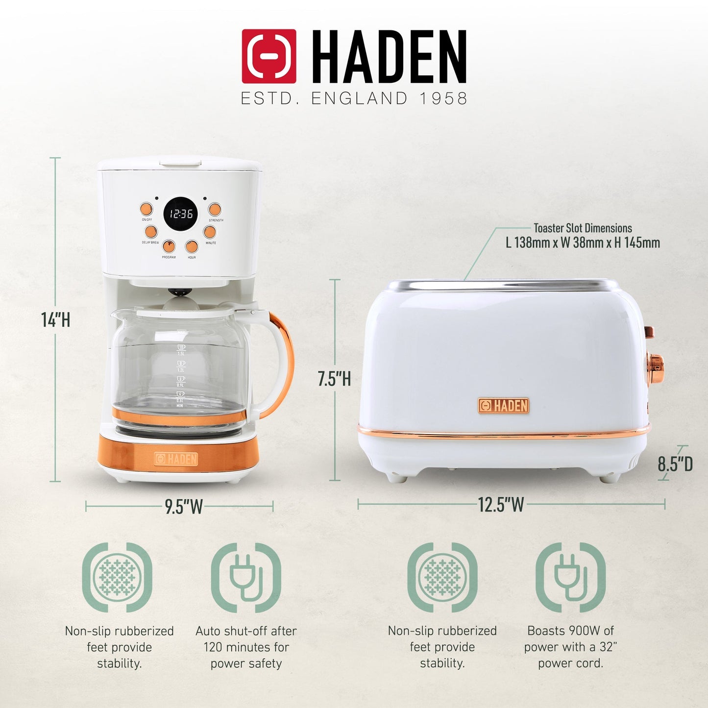 Haden Heritage 2 Slice Wide Slot Toaster & 12 Cup Coffee Maker, Ivory & Copper