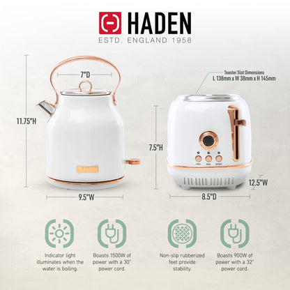 Haden Heritage 2 Slice Wide Slot Toaster & Electric Water Kettle, Ivory & Copper