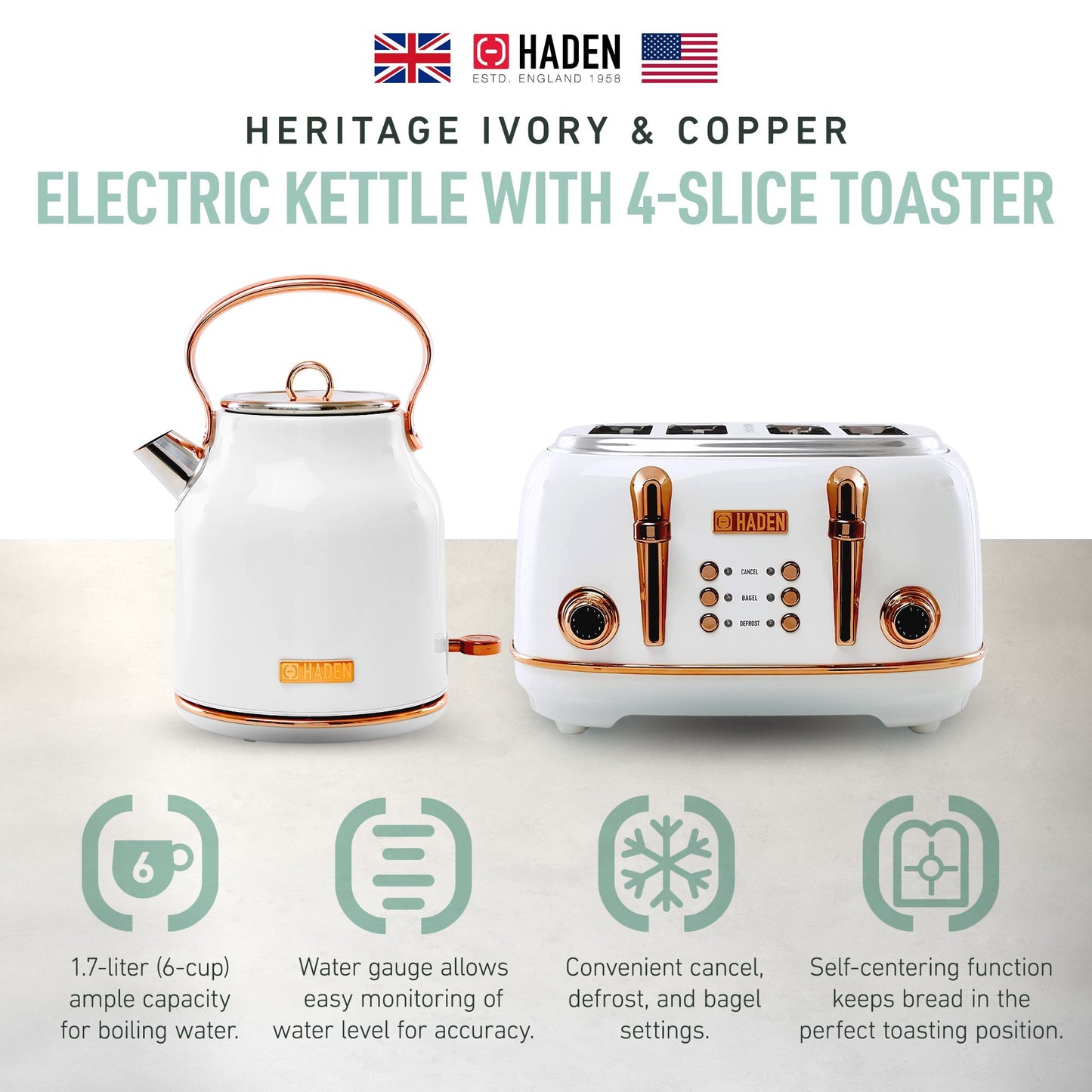 Haden Heritage 4 Slice Wide Slot Toaster & Electric Water Kettle, Ivory & Copper