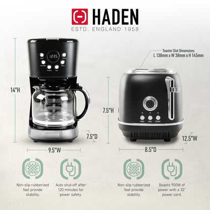 Haden 12 Cup Coffee Maker & Heritage 2 Slice Wide Slot Toaster, Black & Chrome