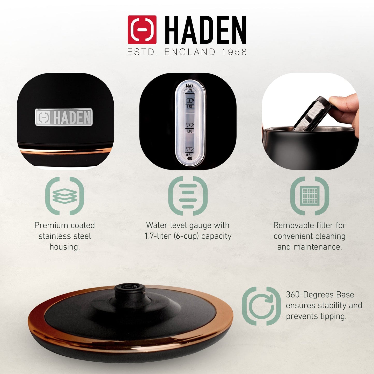 Haden Heritage Electric Water Kettle & 2 Slice Wide Slot Toaster, Black & Copper