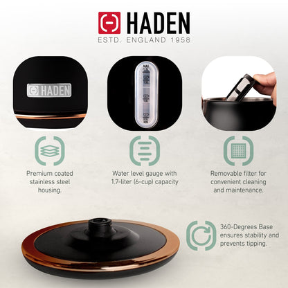 Haden Heritage Electric Water Kettle & 2 Slice Wide Slot Toaster, Black & Copper