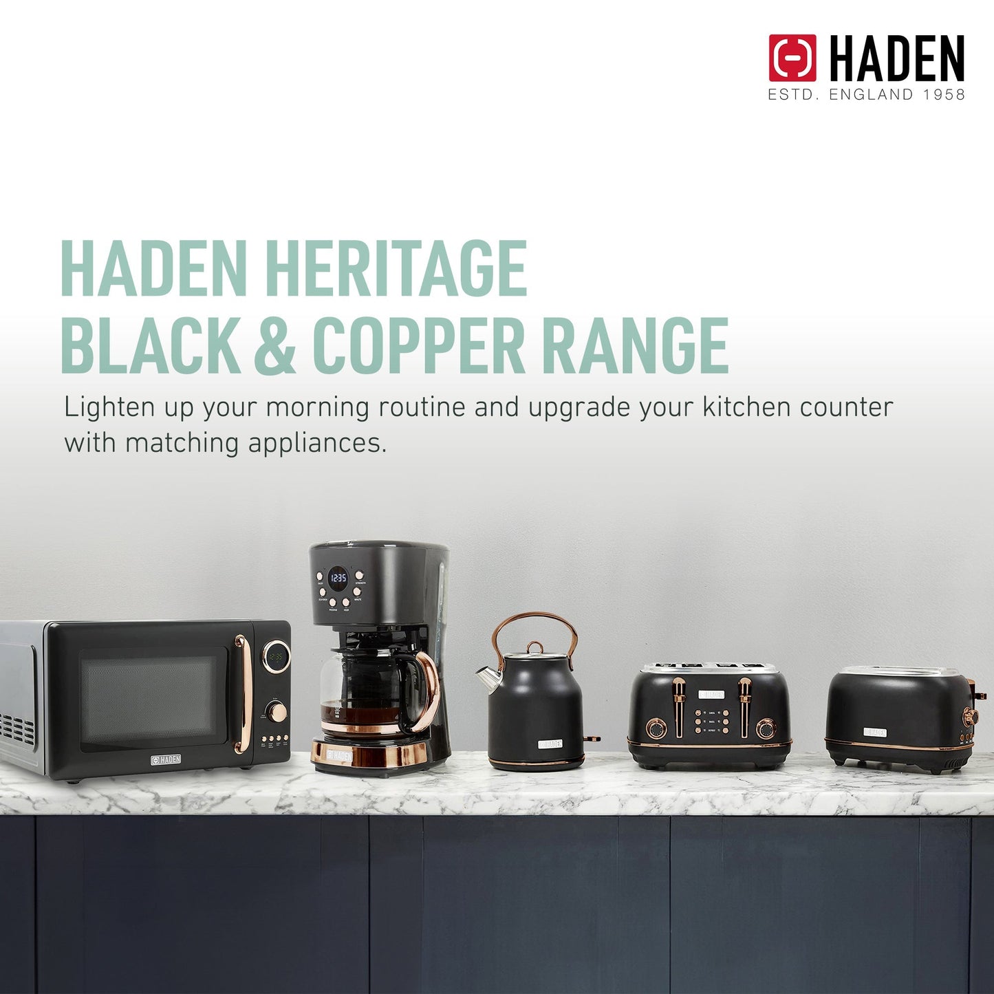 Haden Heritage Electric Water Kettle & 2 Slice Wide Slot Toaster, Black & Copper