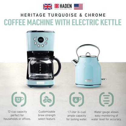 Haden 12 Cup Coffee Maker & Heritage 1.7L Electric Kettle, Turquoise & Chrome