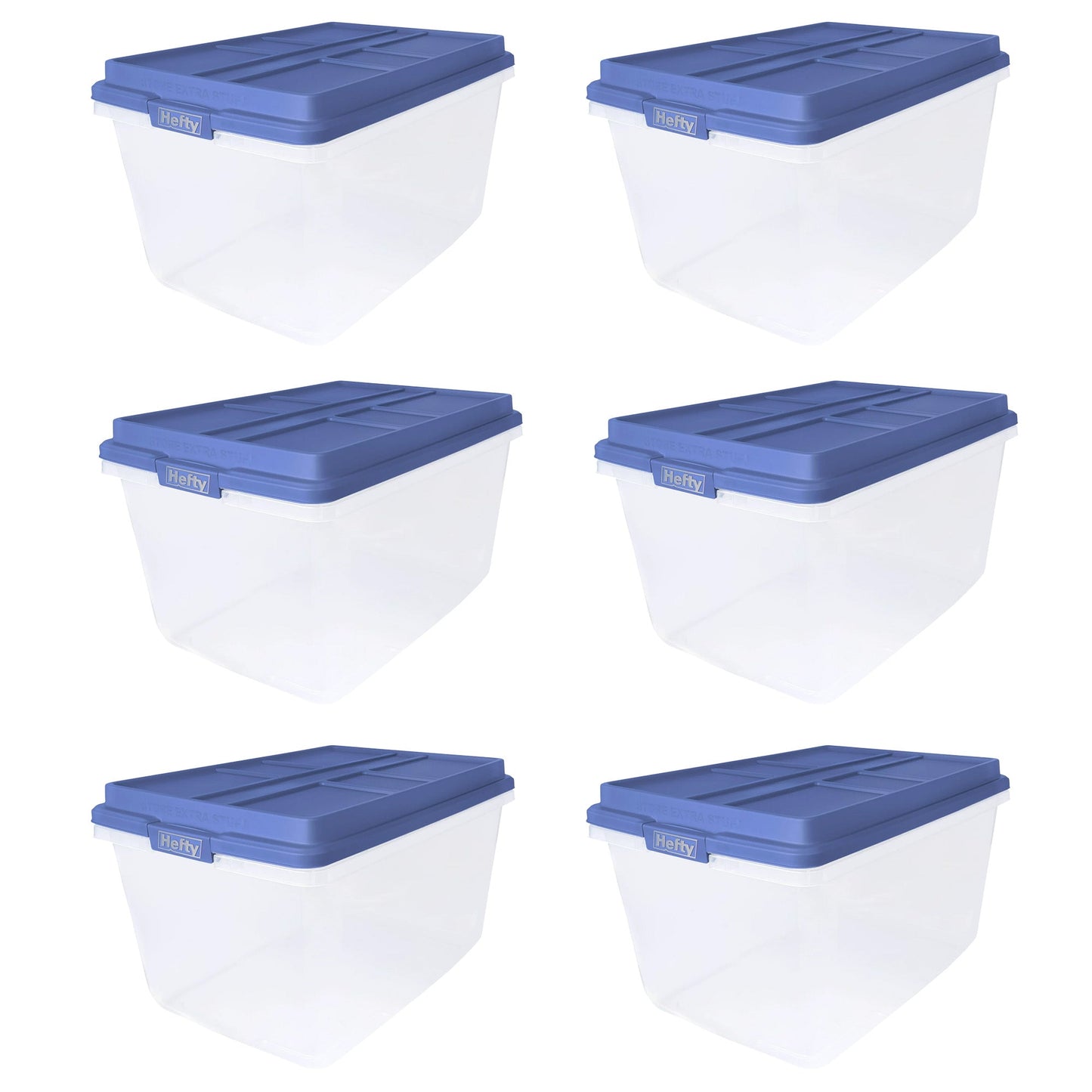 Hefty 72 Qt Hi-Rise Stackable Plastic Storage Container w/Lid, 6 Pack, Blue