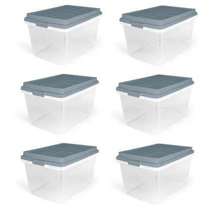 Hefty 72 Qt Hi-Rise Stackable Plastic Storage Bin with Lid, 6 Pack, Smoke Blue