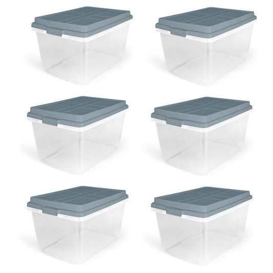 Hefty 72 Qt Hi-Rise Stackable Plastic Storage Bin with Lid, 6 Pack, Smoke Blue