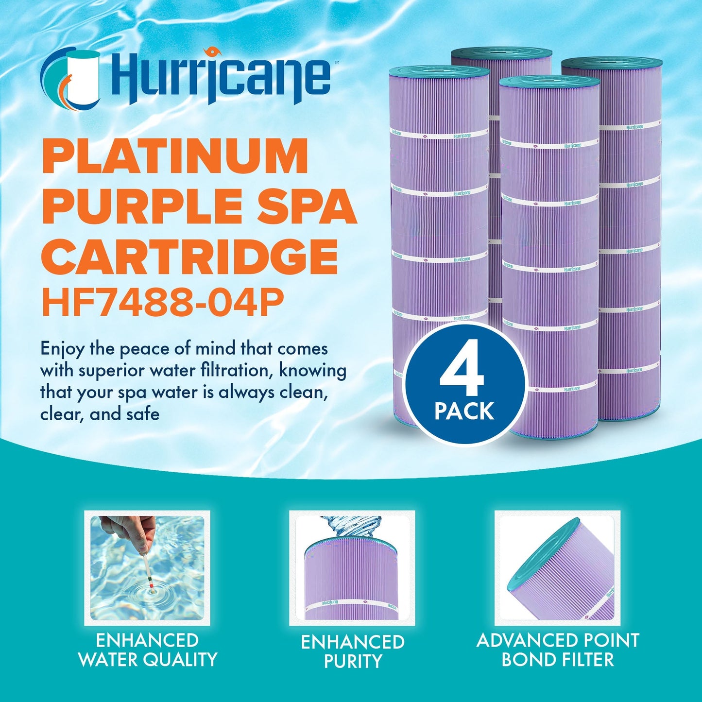 Hurricane 4 Pack HF7488-04P Platinum Purple Pool Filter Cartridge Replacement