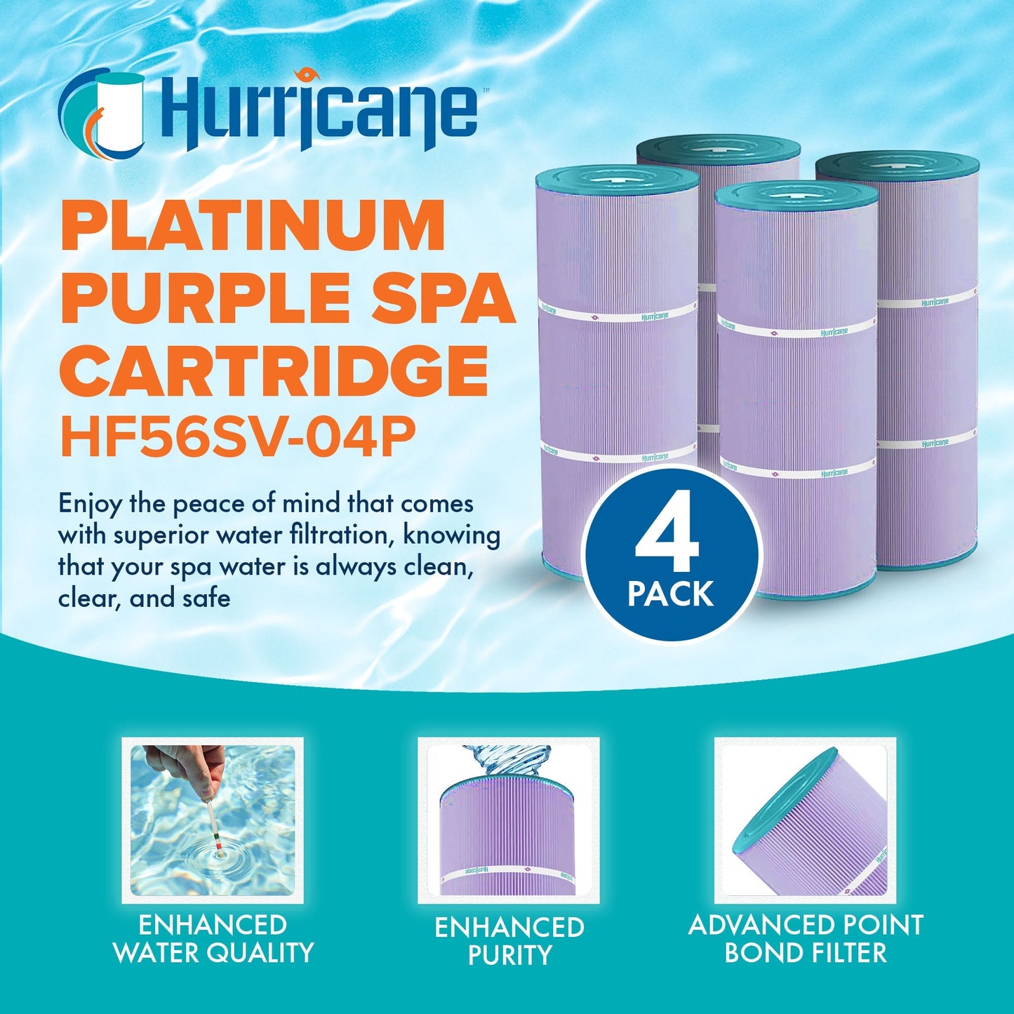 Hurricane 4 Pack HF56SV-04P Platinum Purple Pool Filter Cartridge Replacement