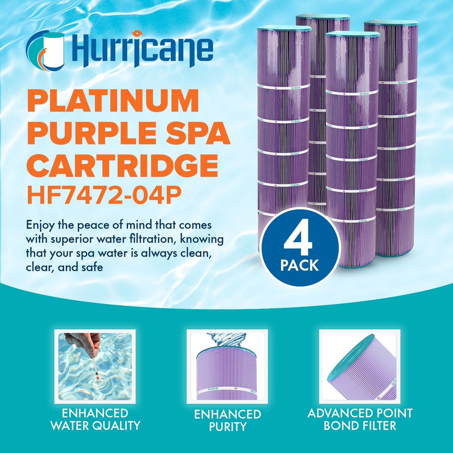 Hurricane Filters 4 Pack HF7472-04P Platinum Purple Spa Cartridge Replacement