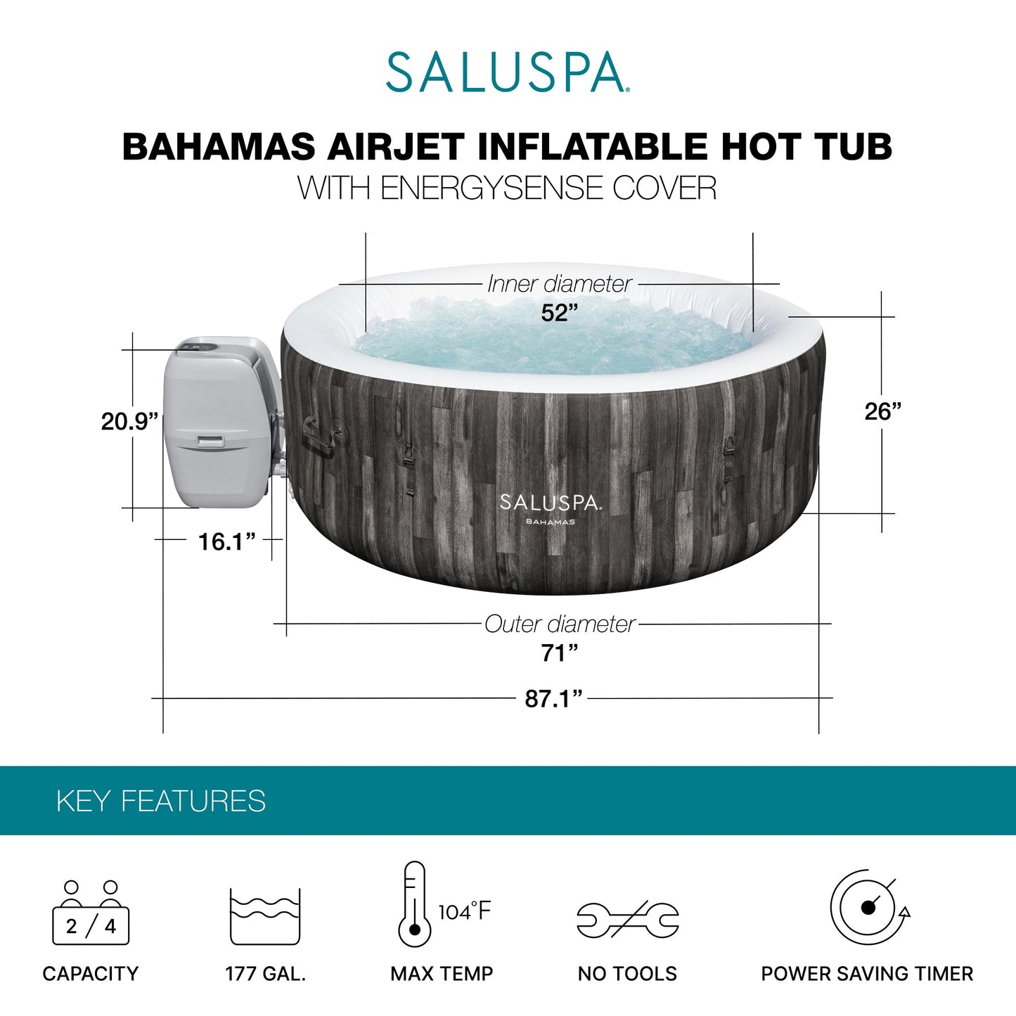 Bestway SaluSpa Bahamas 2 to 4 Person Inflatable Hot Tub, Energy-Efficient Spa