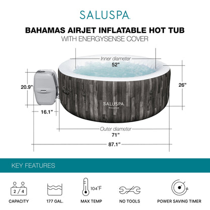 Bestway SaluSpa Bahamas 2 to 4 Person Inflatable Hot Tub, Energy-Efficient Spa
