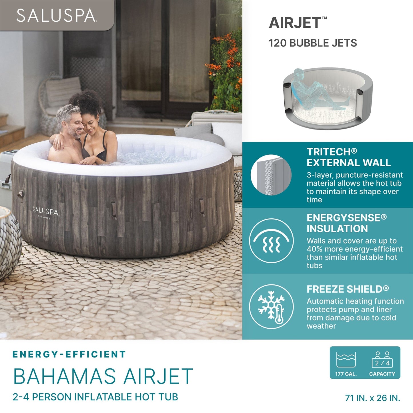 Bestway SaluSpa Bahamas 2 to 4 Person Inflatable Hot Tub, Energy-Efficient Spa