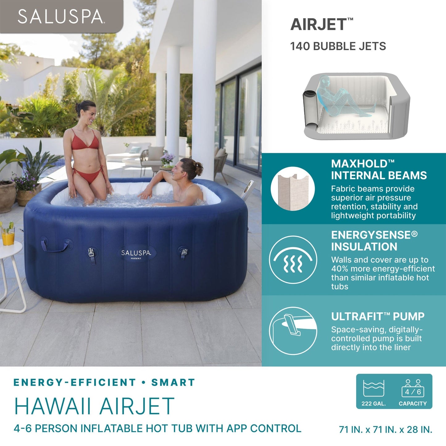Bestway SaluSpa Hawaii Smart AirJet Inflatable Hot Tub with EnergySense Cover