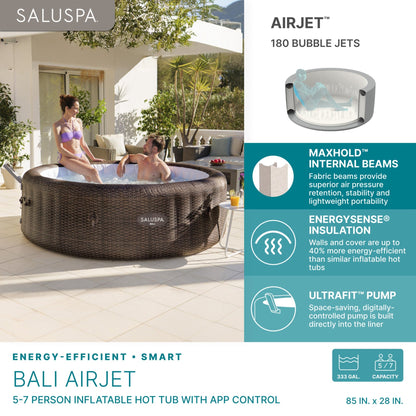 Bestway SaluSpa Bali Smart AirJet Inflatable Hot Tub w/ EnergySense Cover, Brown