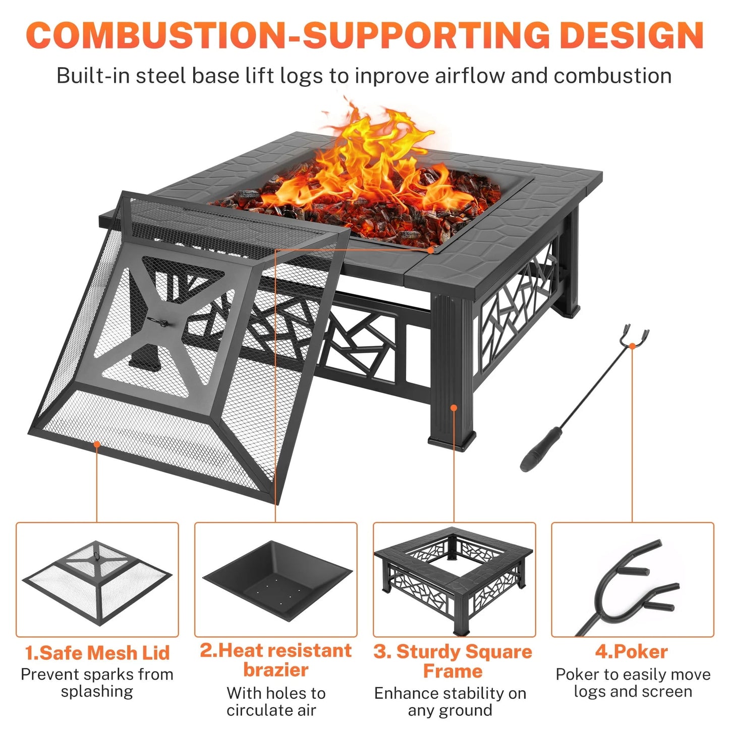 32" Fire Pits for Outside, SYNGAR Wood Burning Bonfire Fire Pit Table with Mesh Lid, Grate, BBQ Grill and Poker, Outdoor Metal Square Fire Pit for BBQ, Camping, Picnics, Backyard