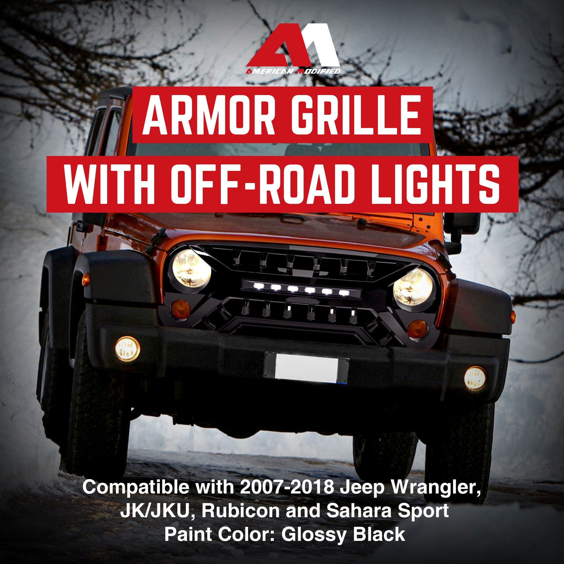 AMERICAN MODIFIED Armor Grille w/Off-Road Lights, 07-18 Jeep Wrangler JK, Black - Find Fresh Goods