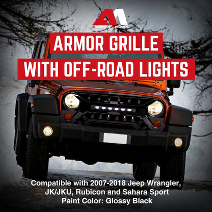 AMERICAN MODIFIED Armor Grille w/Off-Road Lights, 07-18 Jeep Wrangler JK, Black - Find Fresh Goods
