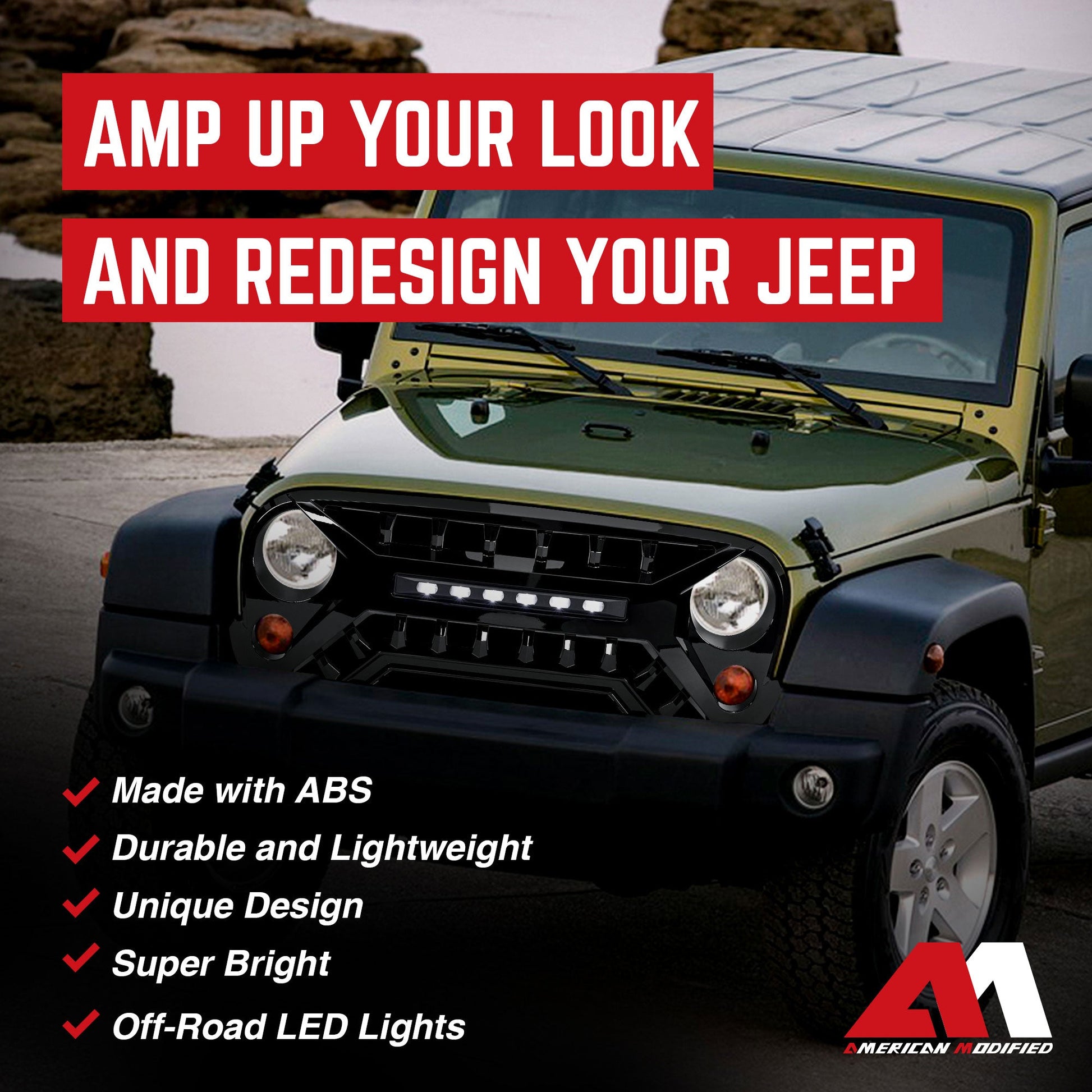 AMERICAN MODIFIED Armor Grille w/Off-Road Lights, 07-18 Jeep Wrangler JK, Black - Find Fresh Goods