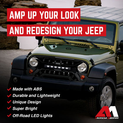AMERICAN MODIFIED Armor Grille w/Off-Road Lights, 07-18 Jeep Wrangler JK, Black - Find Fresh Goods