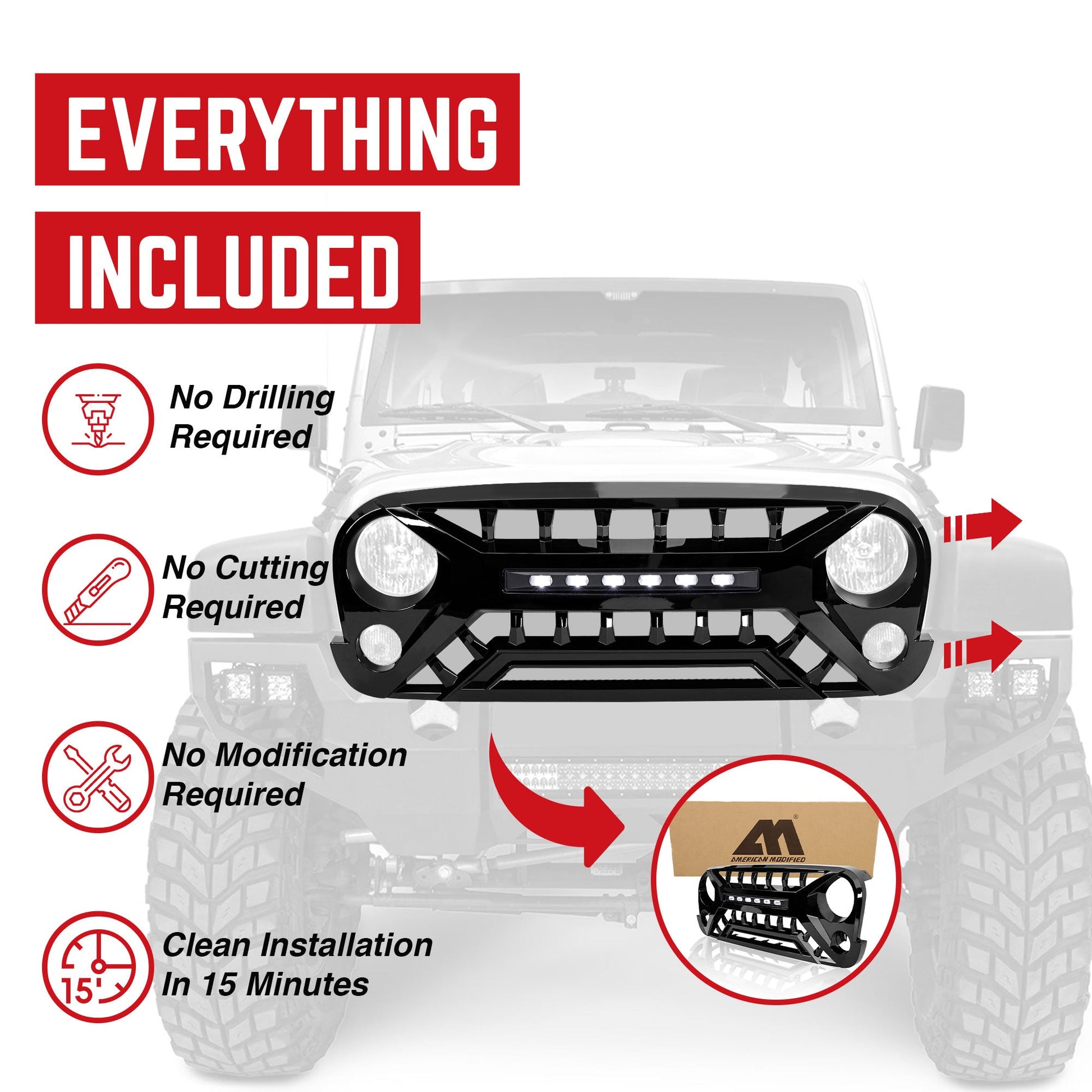 AMERICAN MODIFIED Armor Grille w/Off-Road Lights, 07-18 Jeep Wrangler JK, Black - Find Fresh Goods