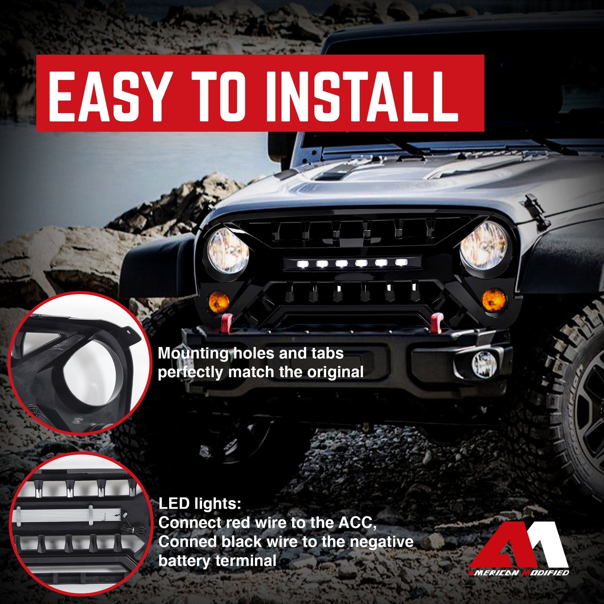 AMERICAN MODIFIED Armor Grille w/Off-Road Lights, 07-18 Jeep Wrangler JK, Black - Find Fresh Goods