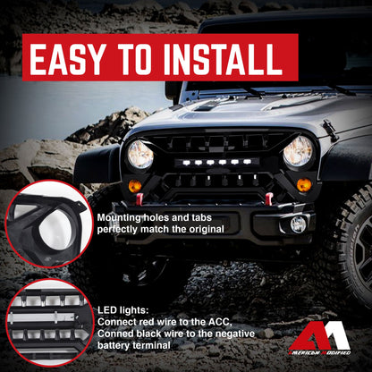AMERICAN MODIFIED Armor Grille w/Off-Road Lights, 07-18 Jeep Wrangler JK, Black - Find Fresh Goods