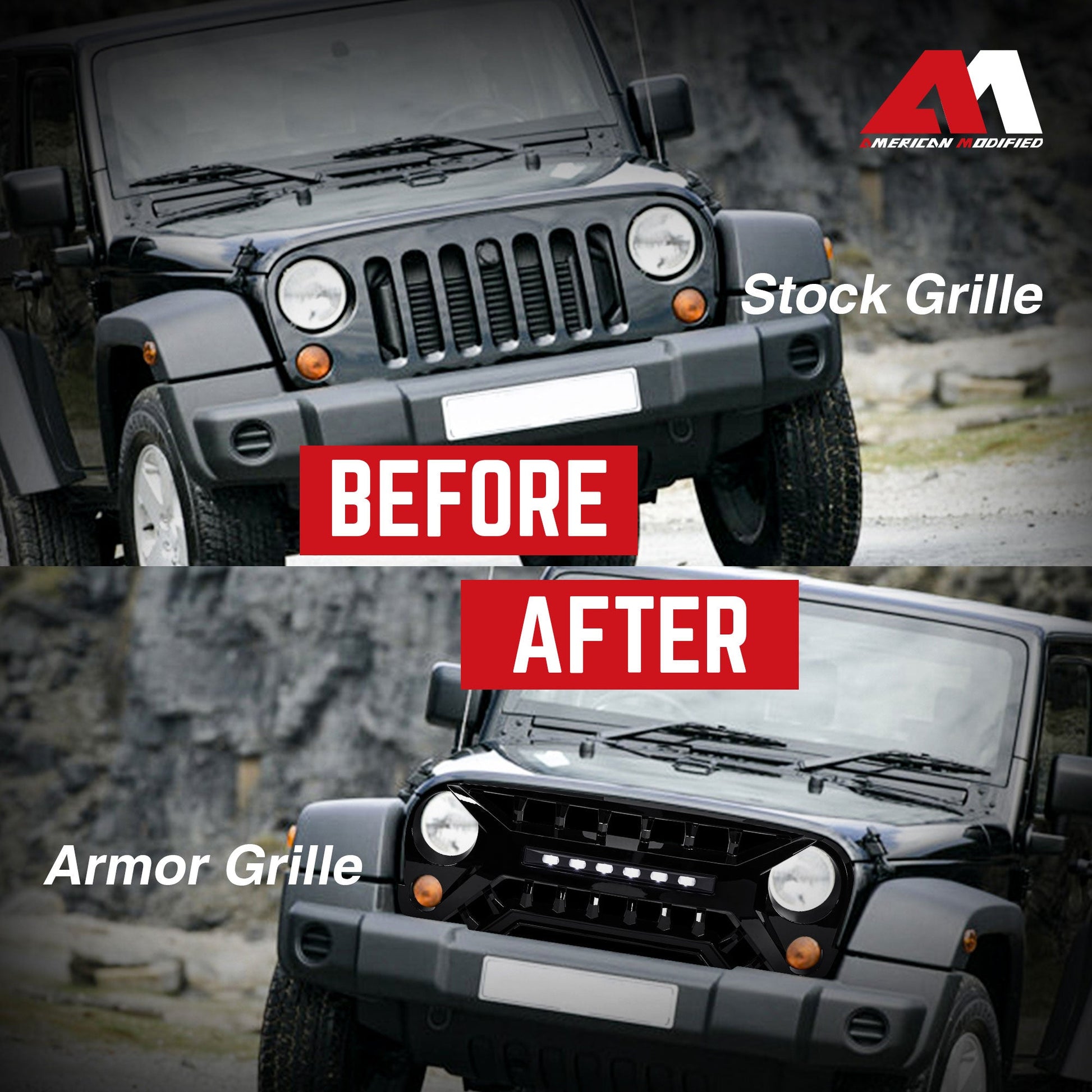 AMERICAN MODIFIED Armor Grille w/Off-Road Lights, 07-18 Jeep Wrangler JK, Black - Find Fresh Goods