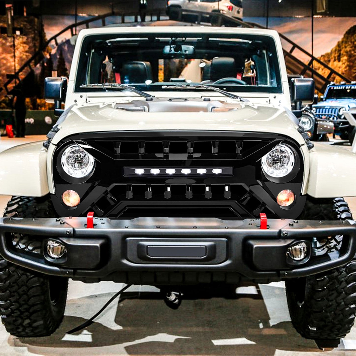 AMERICAN MODIFIED Armor Grille w/Off-Road Lights, 07-18 Jeep Wrangler JK, Black - Find Fresh Goods