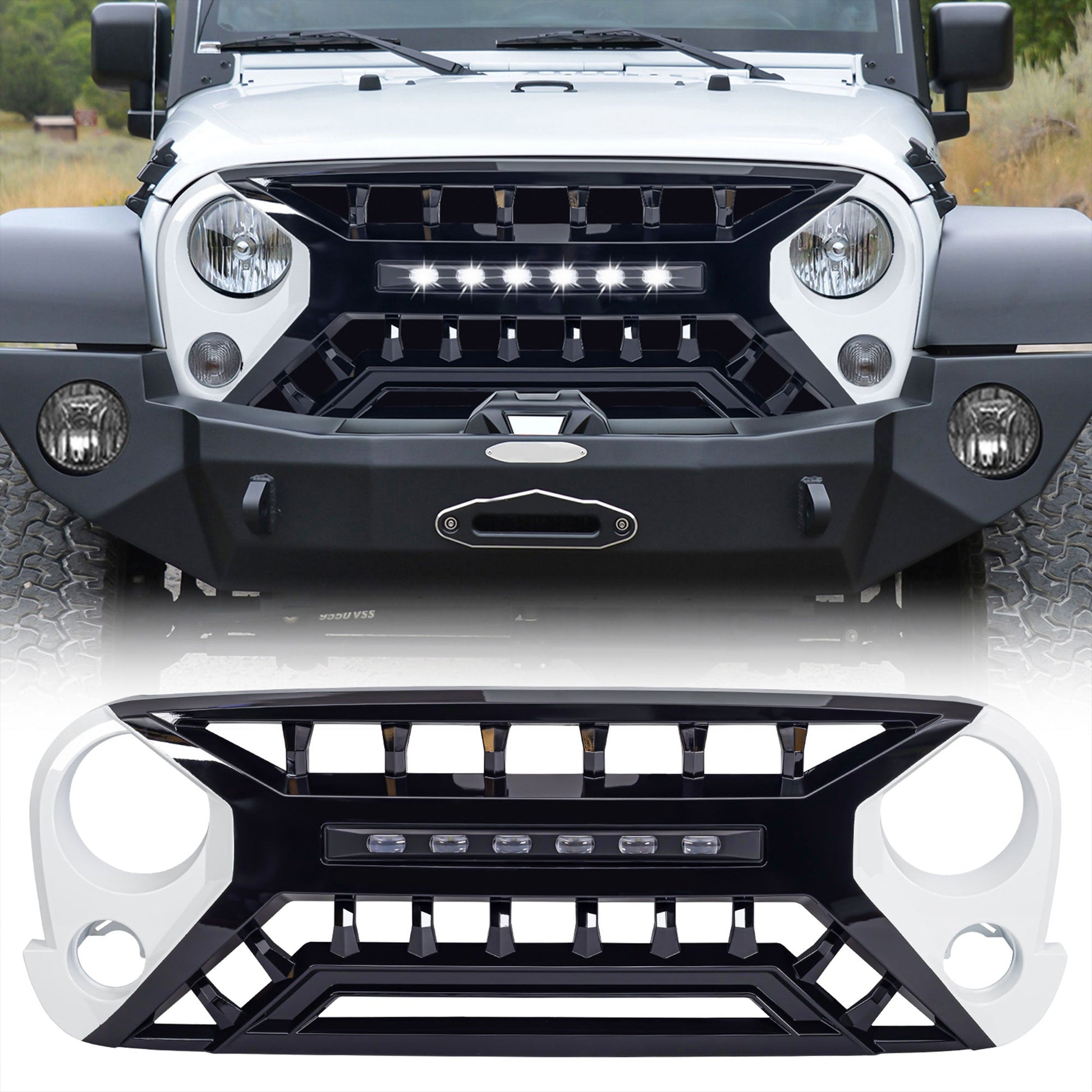 AMERICAN MODIFIED Armor Grille w/Off-Road Lights, 07-18 Jeep Wrangler JK, White - Find Fresh Goods
