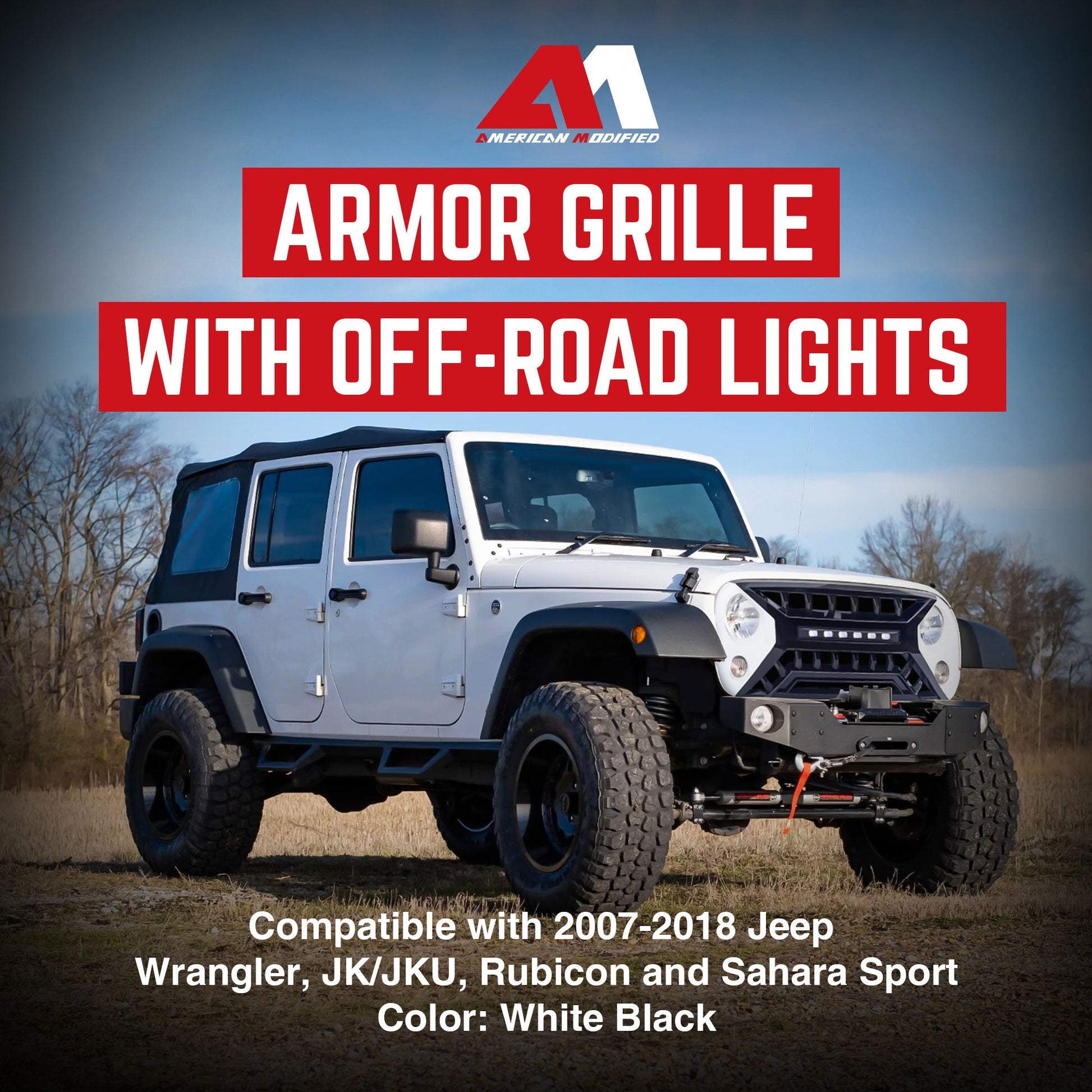 AMERICAN MODIFIED Armor Grille w/Off-Road Lights, 07-18 Jeep Wrangler JK, White - Find Fresh Goods