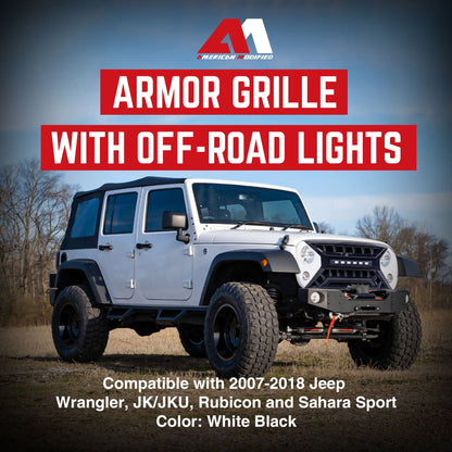 AMERICAN MODIFIED Armor Grille w/Off-Road Lights, 07-18 Jeep Wrangler JK, White - Find Fresh Goods