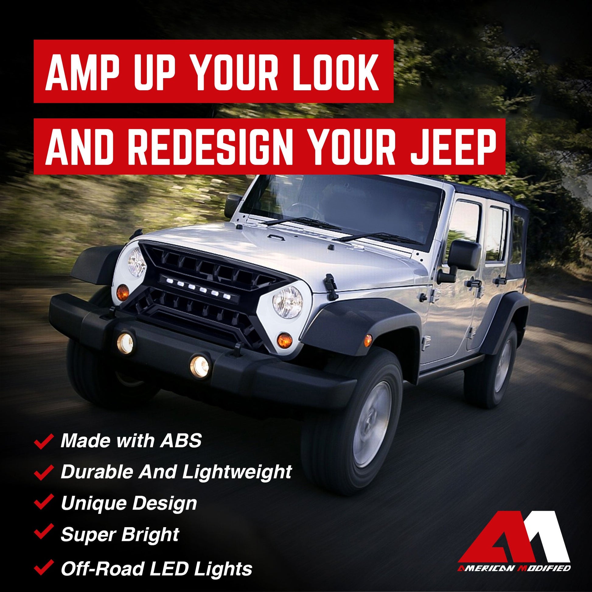 AMERICAN MODIFIED Armor Grille w/Off-Road Lights, 07-18 Jeep Wrangler JK, White - Find Fresh Goods