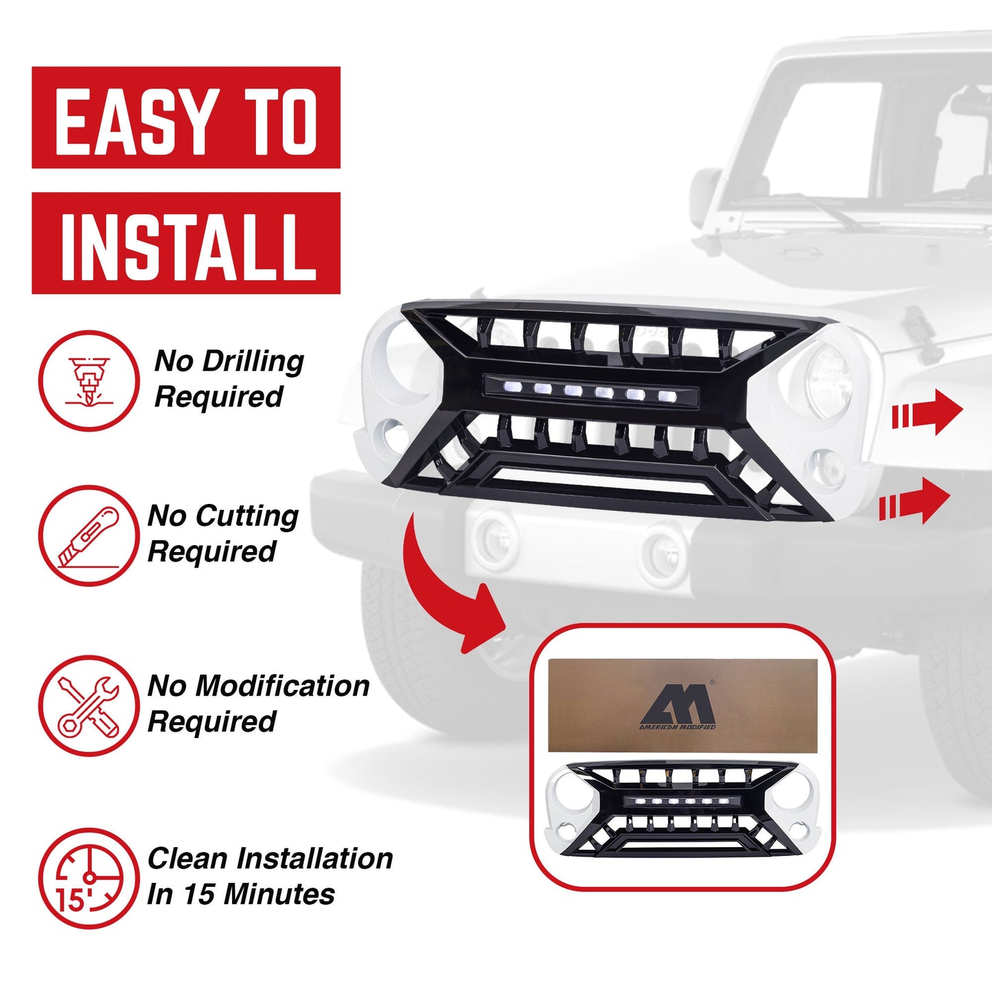 AMERICAN MODIFIED Armor Grille w/Off-Road Lights, 07-18 Jeep Wrangler JK, White - Find Fresh Goods