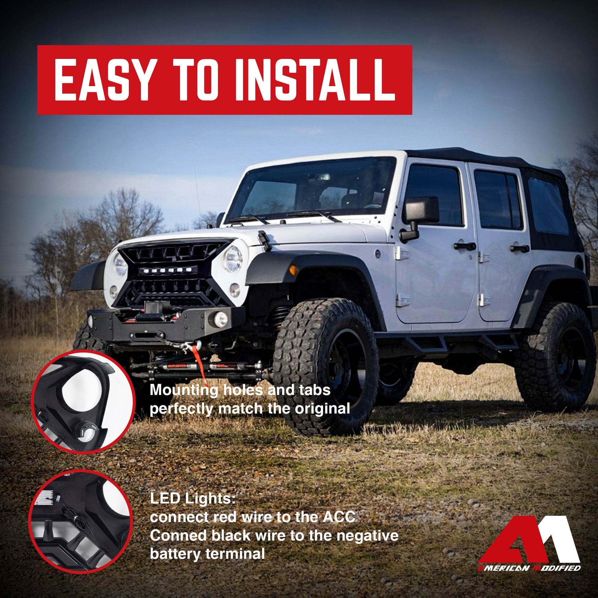 AMERICAN MODIFIED Armor Grille w/Off-Road Lights, 07-18 Jeep Wrangler JK, White - Find Fresh Goods