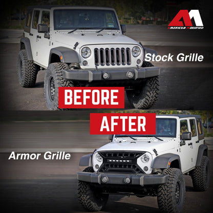 AMERICAN MODIFIED Armor Grille w/Off-Road Lights, 07-18 Jeep Wrangler JK, White - Find Fresh Goods