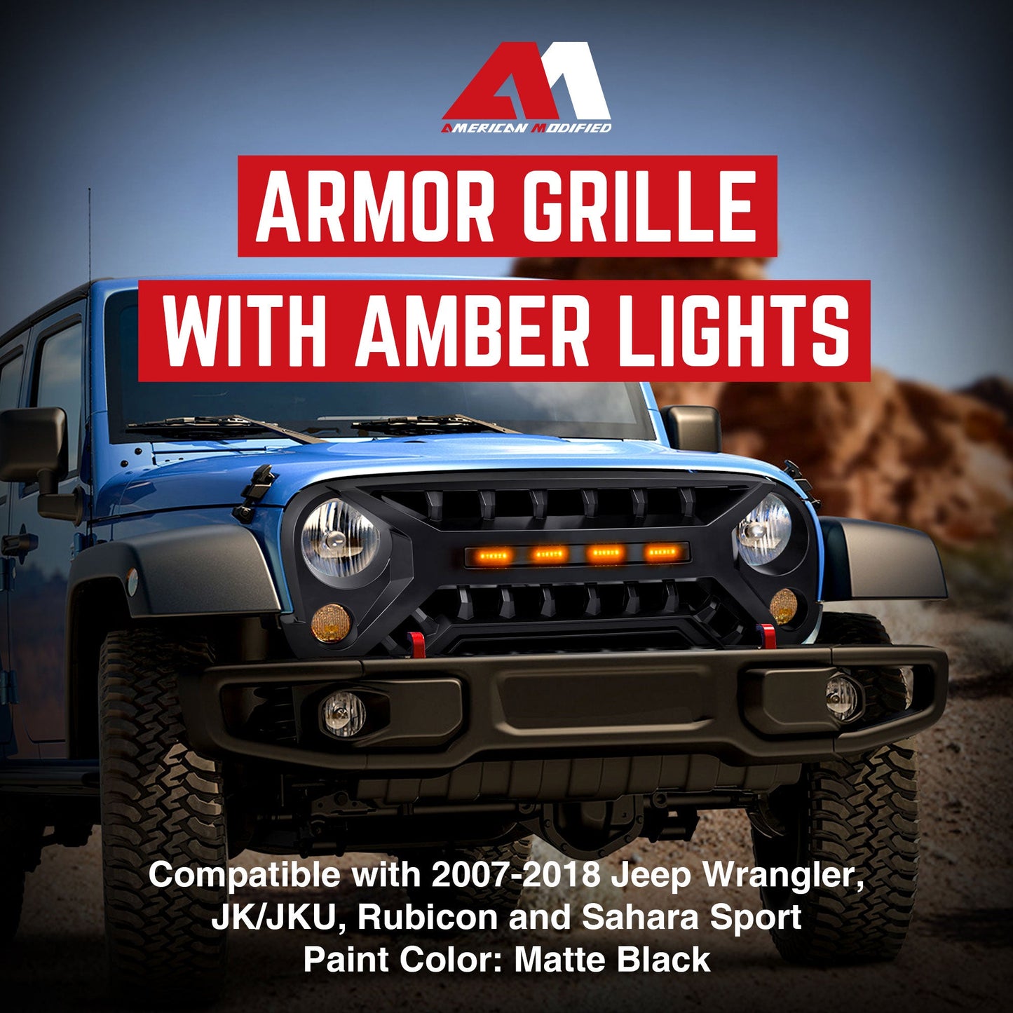 AMERICAN MODIFIED Armor Grille with Amber Lights, 07-08 Jeep Wrangler JK, Black - Find Fresh Goods
