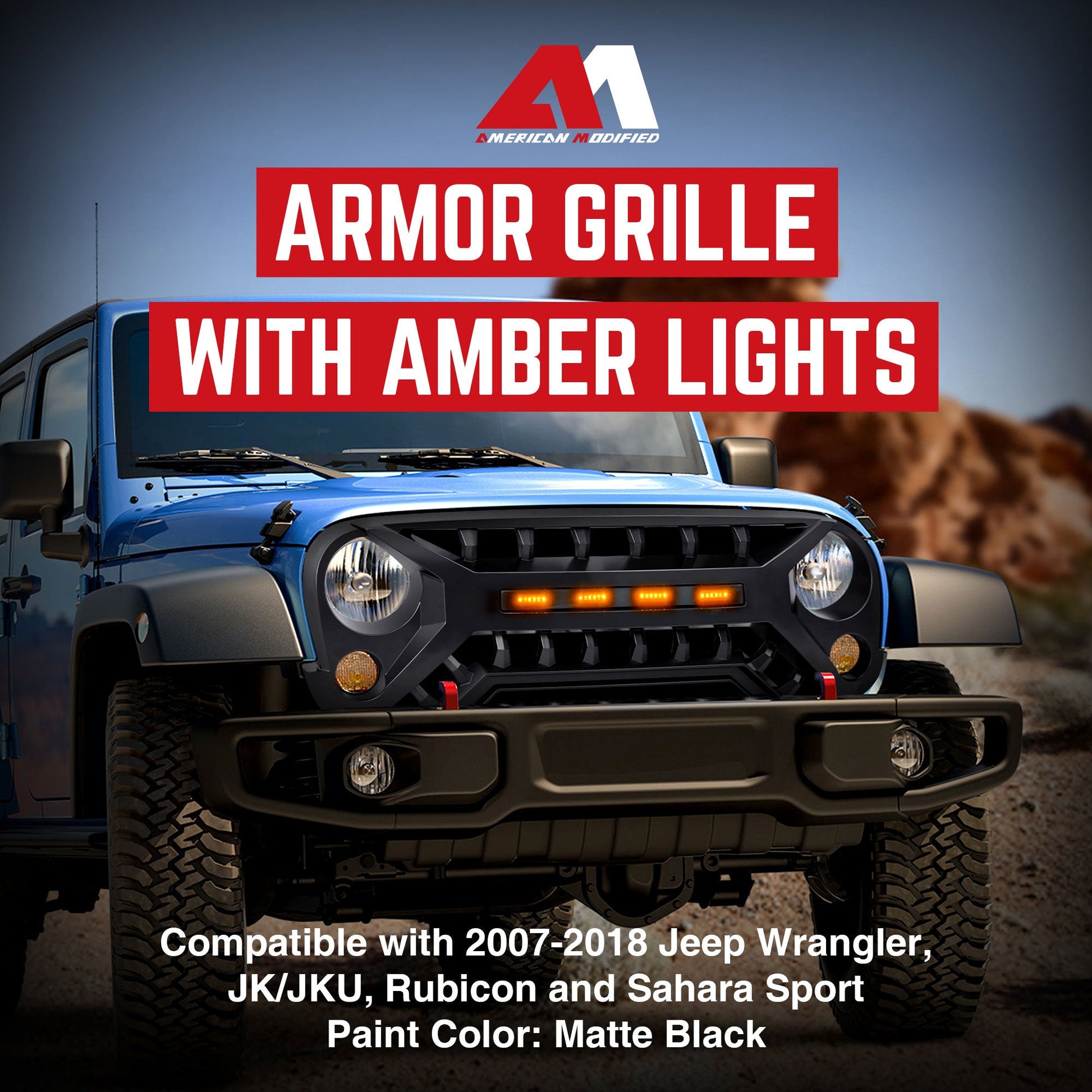 AMERICAN MODIFIED Armor Grille with Amber Lights, 07-08 Jeep Wrangler JK, Black - Find Fresh Goods