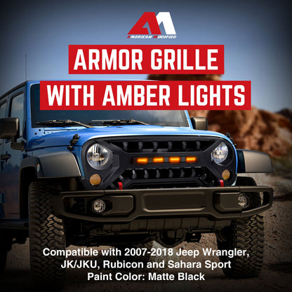 AMERICAN MODIFIED Armor Grille with Amber Lights, 07-08 Jeep Wrangler JK, Black - Find Fresh Goods