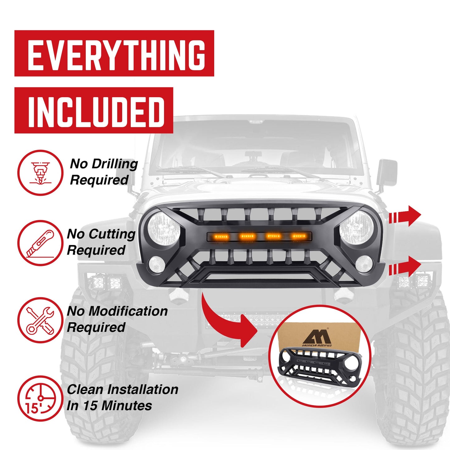 AMERICAN MODIFIED Armor Grille with Amber Lights, 07-08 Jeep Wrangler JK, Black - Find Fresh Goods